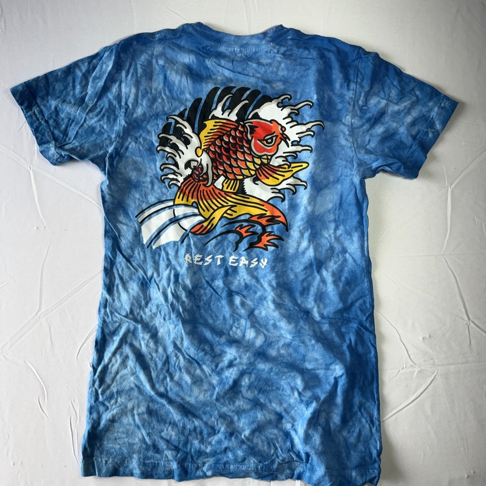 Rest Easy Koi Fish T-Shirt Mens S Blue Tie Dye Japanese Graphic Tee NWOT Cotton